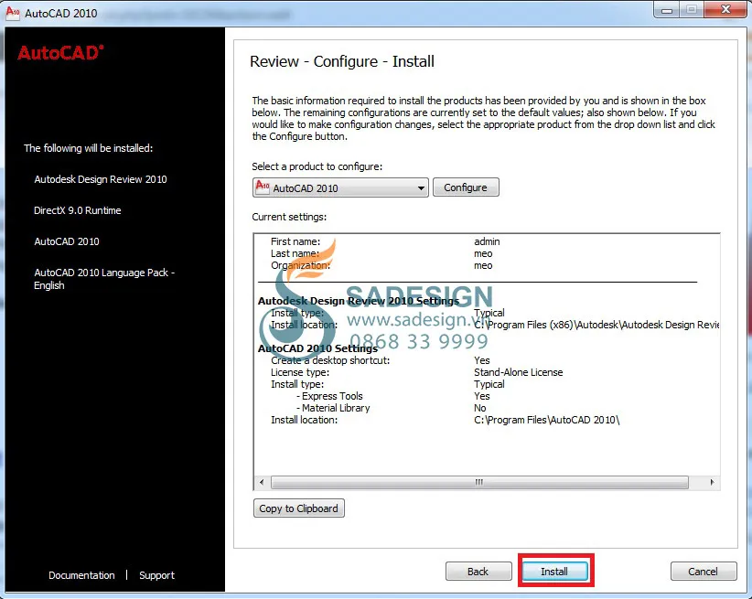 Màn hình xác nhận bắt đầu quá trình cài đặt phần mềm AutoCAD 2010 sau khi hoàn tất các thiết lập ban đầu trên Windows 10.