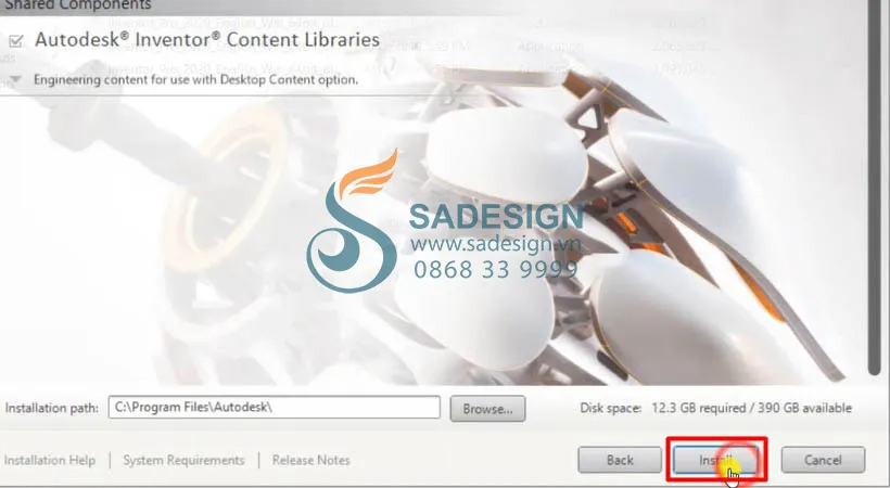 Màn hình xác nhận các tùy chọn cài đặt cuối cùng, người dùng nhấn &quot;Install&quot; để bắt đầu quá trình cài đặt chính của Autodesk Inventor 2020.