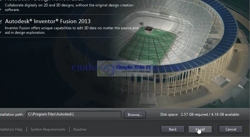 Màn hình xác nhận cuối cùng, chọn Install để bắt đầu cài đặt các thành phần của AutoCAD 2013