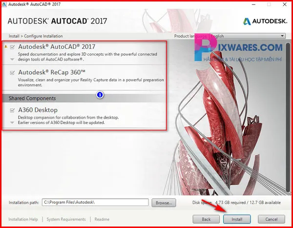 Màn hình xác nhận vị trí cài đặt và nút &quot;Install&quot; để bắt đầu quá trình cài đặt Autocad 2017, chuẩn bị hoàn tất việc cài đặt phần mềm từ nguồn pixwares