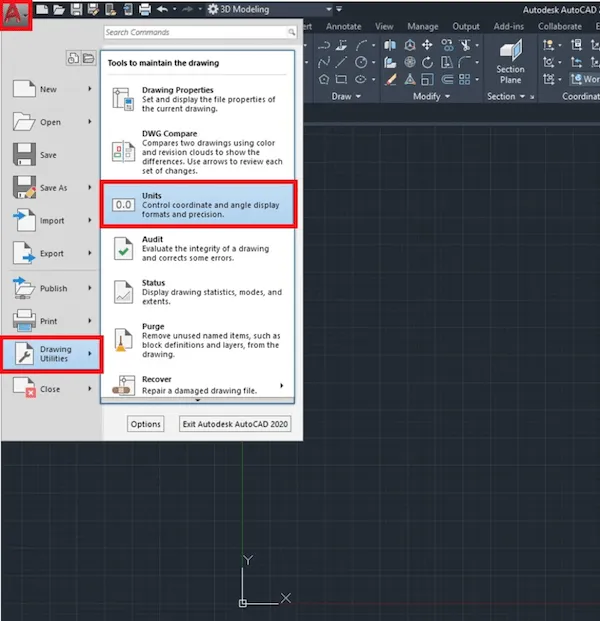 Menu AutoCAD chính để truy cập cài đặt đơn vị