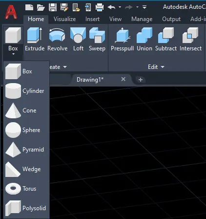 Menu thả xuống hiển thị các tùy chọn tạo khối 3D cơ bản như Cylinder, Cone, Sphere trong AutoCAD, hỗ trợ dựng hình nhanh bản vẽ 3D