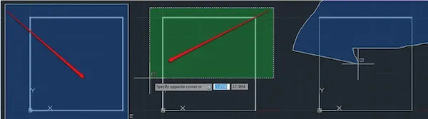 Minh họa các phương pháp chọn đối tượng khác nhau trong AutoCAD 2020, bao gồm chọn bằng hình chữ nhật xanh và xanh lá.
