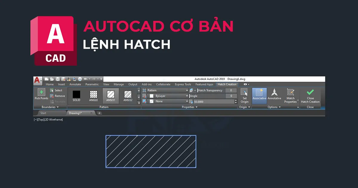 Minh họa lệnh HATCH để tô vật liệu, tạo mặt cắt hoặc đổ màu nền cho đối tượng, làm rõ cấu trúc trong các bản vẽ kiến trúc và cơ khí.