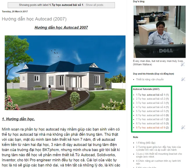 Minh họa phần mục lục bài học Autocad 2007 cơ bản trên giao diện blog, chỉ dẫn cho người tự học các bài từ 2 đến 6. Hình ảnh hướng dẫn truy cập các khóa học Autocad 2007 hiệu quả.
