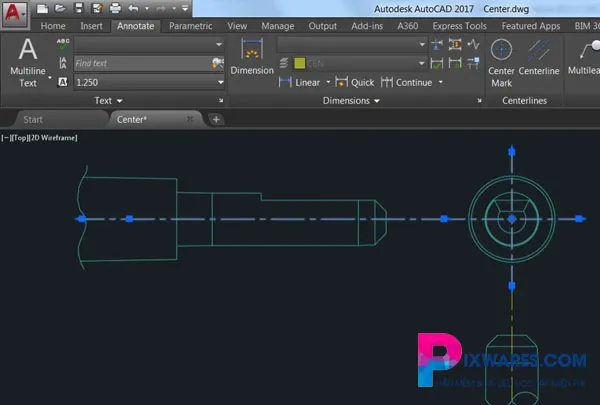 Minh họa tính năng Smart Centerlines và Center Mark trong Autocad 2017, giúp tạo và chỉnh sửa đường tâm, tâm đối tượng nhanh chóng và chính xác, nâng cao hiệu quả vẽ kỹ thuật
