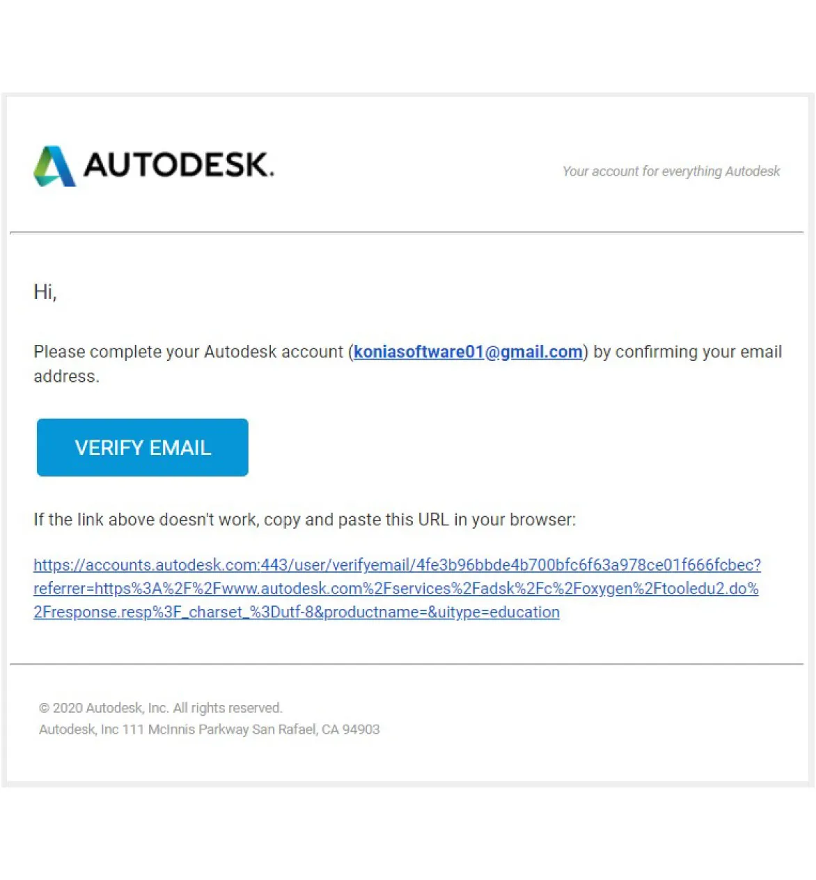 Mở email và nhấp Verify Email để xác thực tài khoản Autodesk Education cho AutoCAD