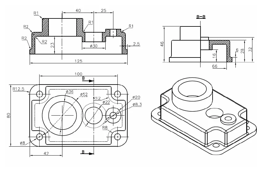 Mô hình 3D của một chi tiết máy với các lỗ bắt vít và rãnh