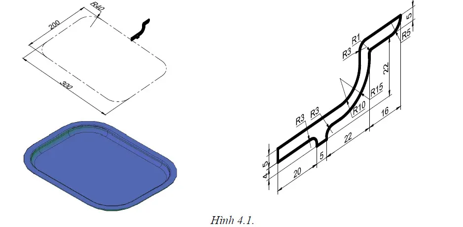Mô hình 3D được tạo ra bằng lệnh Extrude, thể hiện các biên dạng được đẩy khối