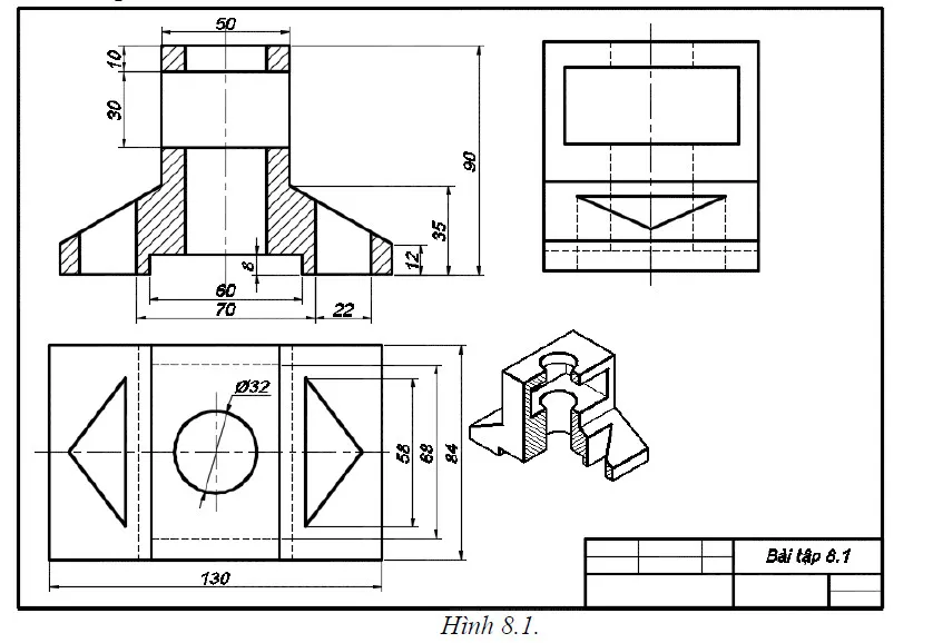 Mô hình 3D Solid và bản vẽ kỹ thuật với các hình chiếu, mặt cắt, ghi chú