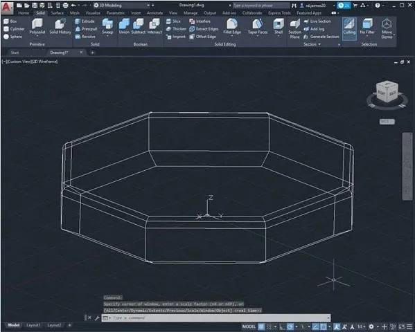 Mô hình 3D với các cạnh dưới đã được vát mép bằng lệnh Chamfer trong AutoCAD 2020, tạo hiệu ứng cắt góc.