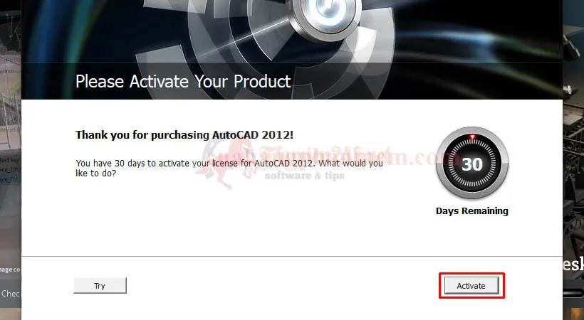 Mở phần mềm AutoCAD 2012 và chọn &quot;Activate&quot; để bắt đầu quá trình kích hoạt bản quyền.