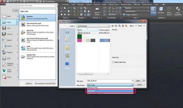 Mở tệp .dxf trong AutoCAD 2020 thông qua menu File, hiển thị các tùy chọn định dạng tệp nhập.