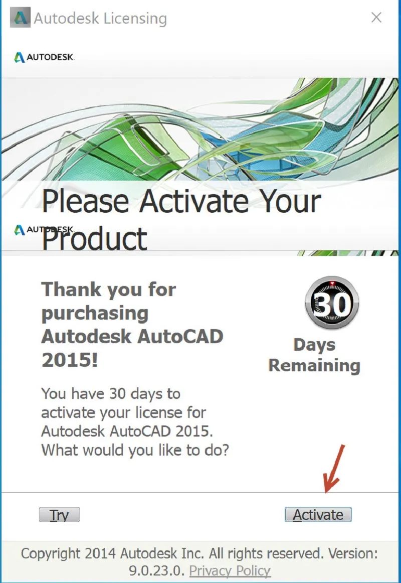 Nhấn Activate để khởi động quy trình kích hoạt bản quyền AutoCAD 2015