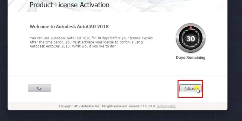 Nhấn 'Activate' để khởi động quy trình kích hoạt sản phẩm AutoCAD 2018