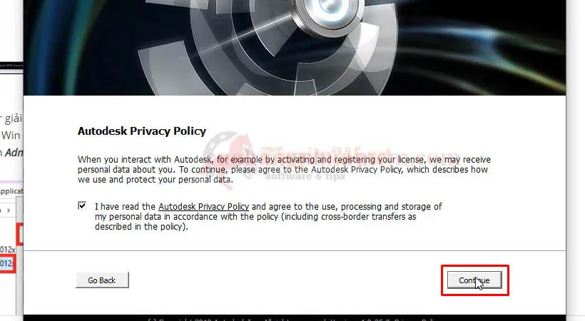 Nhấn &quot;Continue&quot; để tiếp tục các bước kích hoạt giấy phép cho AutoCAD 2012.