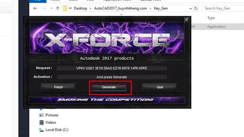 Nhấn Generate để tạo mã kích hoạt (Activation Code) cho AutoCAD 2017