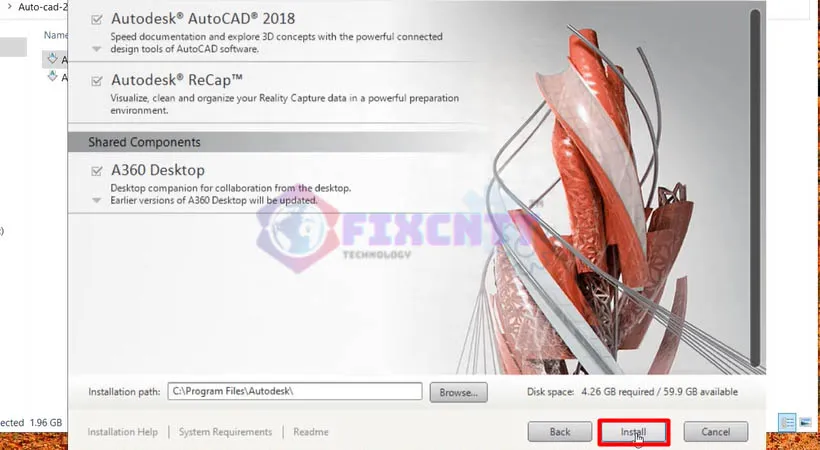 Nhấn Install để bắt đầu cài đặt các thành phần chính của AutoCAD 2018