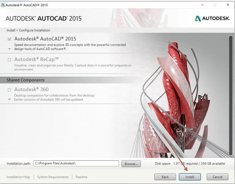 Nhấn Install để bắt đầu cài đặt các thành phần của AutoCAD 2015