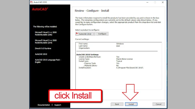 Nhấn &quot;Install&quot; để bắt đầu quá trình cài đặt CAD 2010 full crack 64bit, chờ đợi phần mềm được thiết lập.