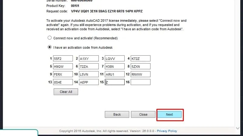 Nhấn Next để hoàn tất quá trình kích hoạt bản quyền AutoCAD 2017