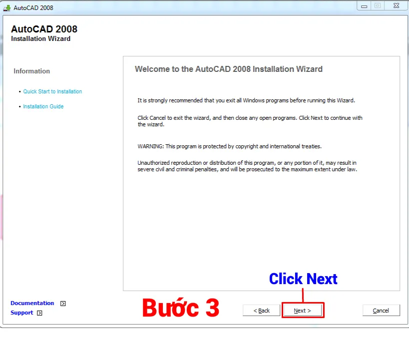 Nhấn Next để tiếp tục quá trình cài đặt phần mềm AutoCAD 2008 phiên bản 64 bit