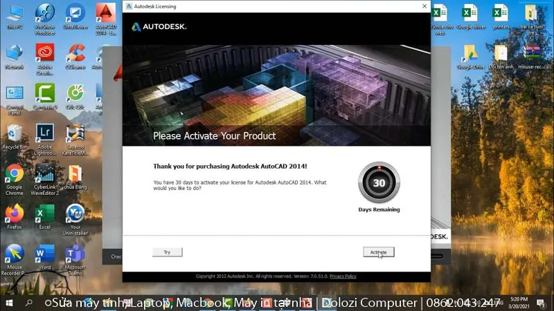 Nhấn nút &quot;Activate&quot; để bắt đầu quá trình kích hoạt Autocad 2014