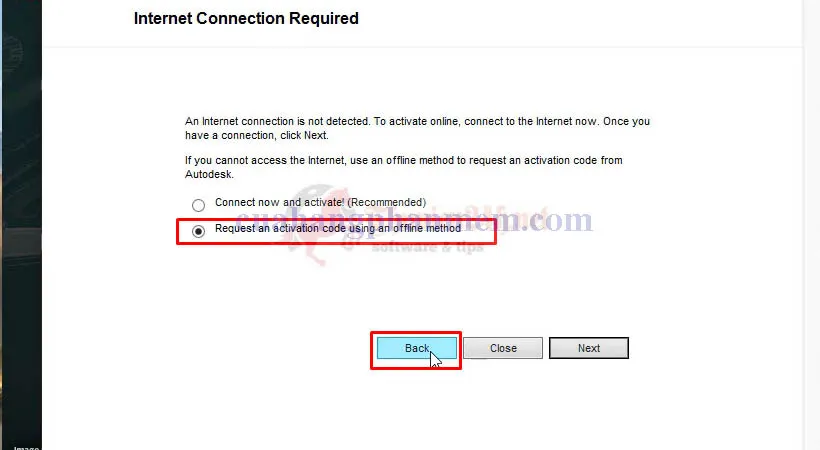 Nhấn nút Back để quay lại và điều chỉnh tùy chọn kích hoạt cho AutoCAD 2013