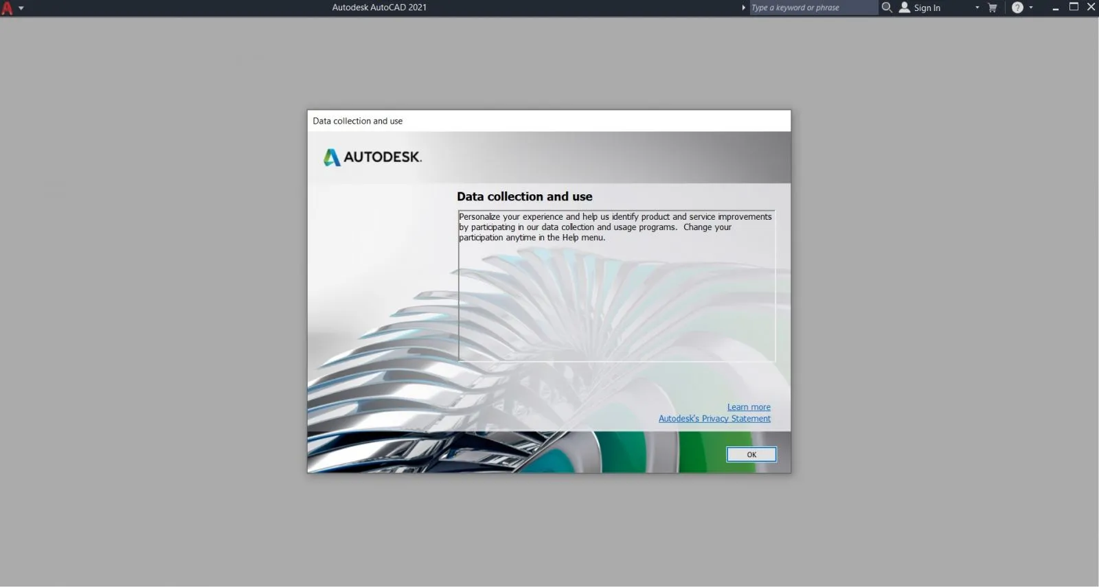Nhấn 'OK' trên thông báo bản quyền khi lần đầu mở AutoCAD 2021