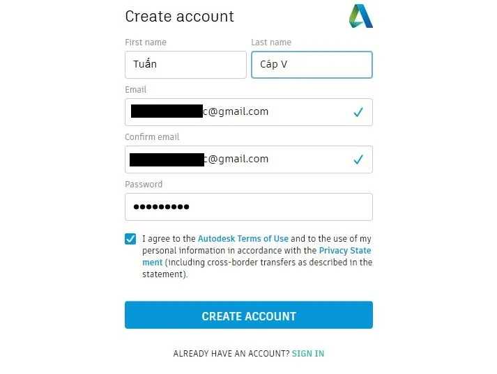 Nhập họ tên, email và mật khẩu để tạo tài khoản Autodesk Education, phục vụ việc tải AutoCAD 2017 miễn phí