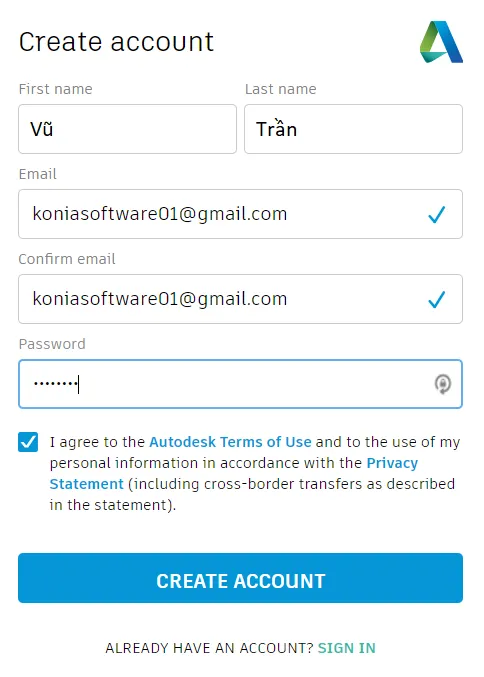 Nhập họ tên, email và tạo mật khẩu cho tài khoản sinh viên Autodesk để cài AutoCAD