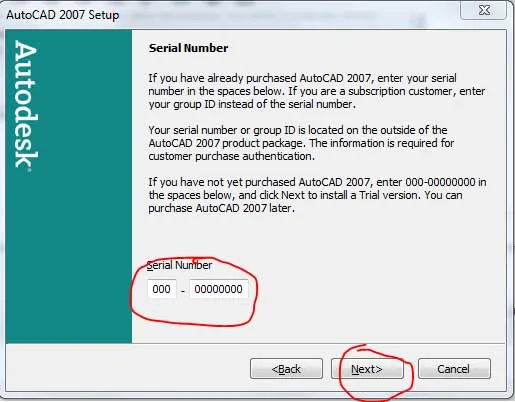 Nhập mã Serial Number &quot;000-00000000&quot; để tiếp tục cài đặt AutoCAD 2007.