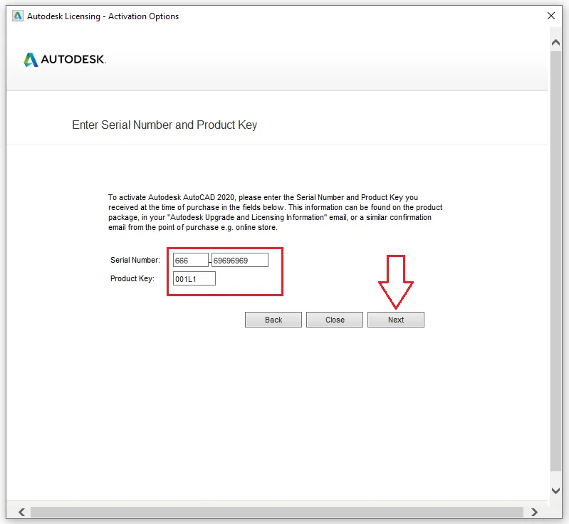 Nhập mã Serial Number và Product Key '001L1' để bắt đầu quá trình kích hoạt AutoCAD 2020