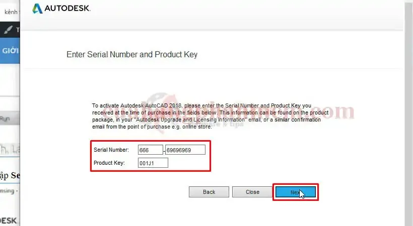 Nhập Product Key và Serial Number cho AutoCAD 2018