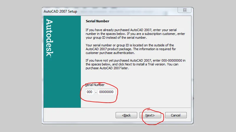 Nhập Serial Number 000-00000000 khi cài đặt AutoCAD 2007