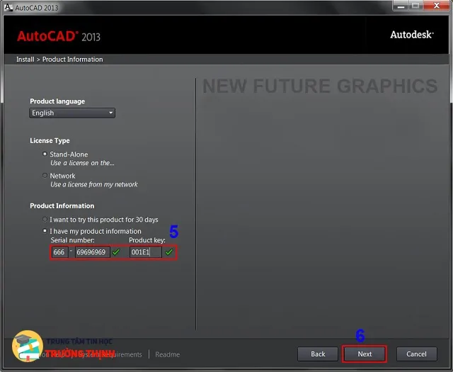 Nhập Serial Number 666-69696969 và Product Key 001E1 cho AutoCAD 2013