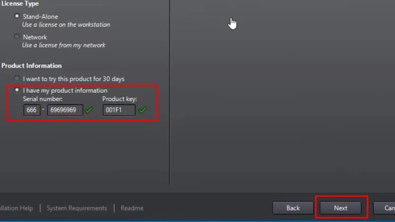 Nhập Serial Number 666-69696969 và Product Key 001F1 cho AutoCAD 2014