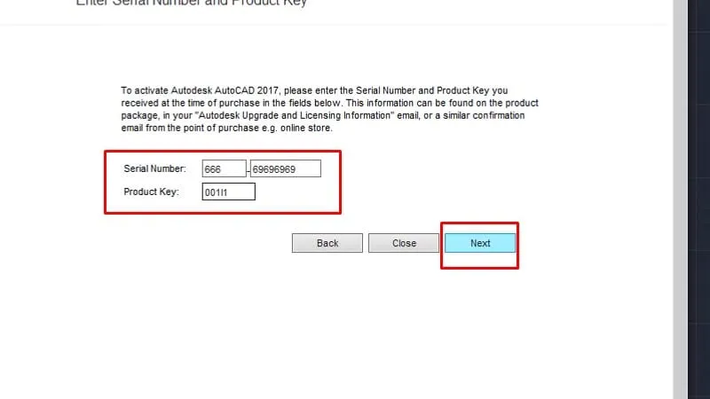 Nhập Serial Number 666-69696969 và Product Key 001I1 để kích hoạt AutoCAD 2017