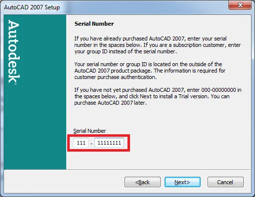 Nhập Serial Number để cài đặt phần mềm AutoCAD 2007