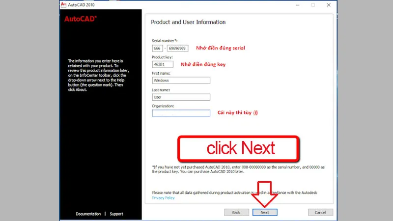 Nhập Serial Number và Product Key 462B1 để kích hoạt AutoCAD 2010, một bước quan trọng khi cài đặt bản full crack.