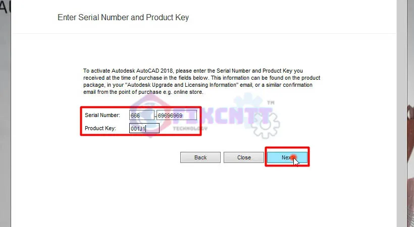 Nhập Serial Number và Product Key cần thiết để kích hoạt AutoCAD 2018