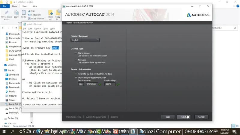 Nhập Serial Number và Product Key chính xác cho Autocad 2014 như hướng dẫn crack cad 2014