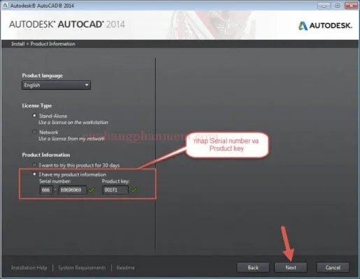 Nhập Serial Number và Product Key chính xác để tiếp tục cài đặt AutoCAD 2014