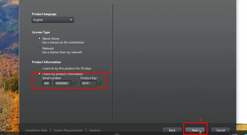 Nhập Serial Number và Product Key vào các trường tương ứng để kích hoạt AutoCAD 2014