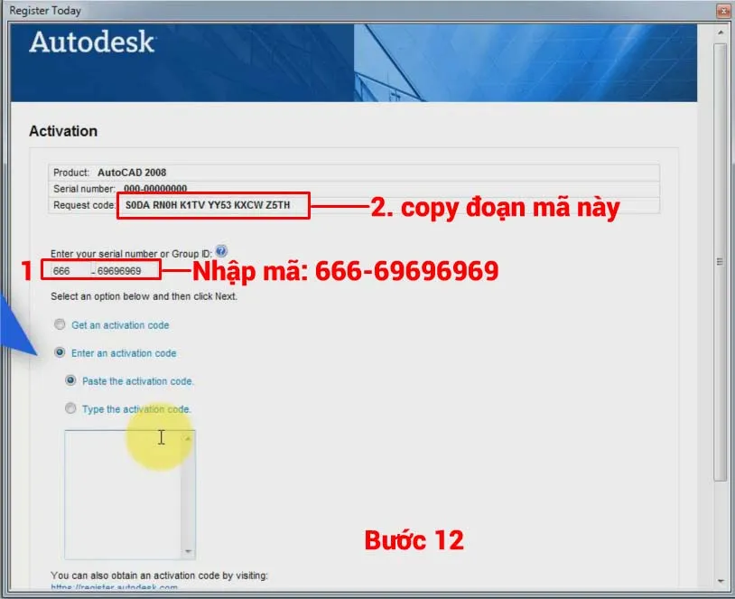 Nhập Serial Number và sao chép Request Code để kích hoạt AutoCAD 2008 64 bit