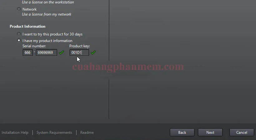 Nhập số Serial Number và Product Key chính xác cho phần mềm AutoCAD 2012.