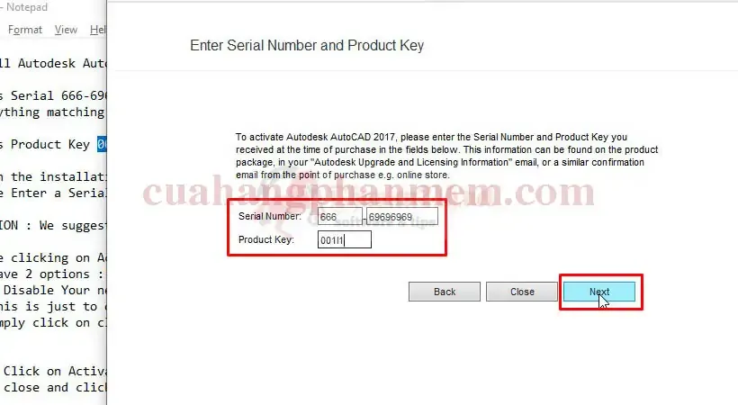 Nhập số Serial Number và Product Key để kích hoạt AutoCAD 2017