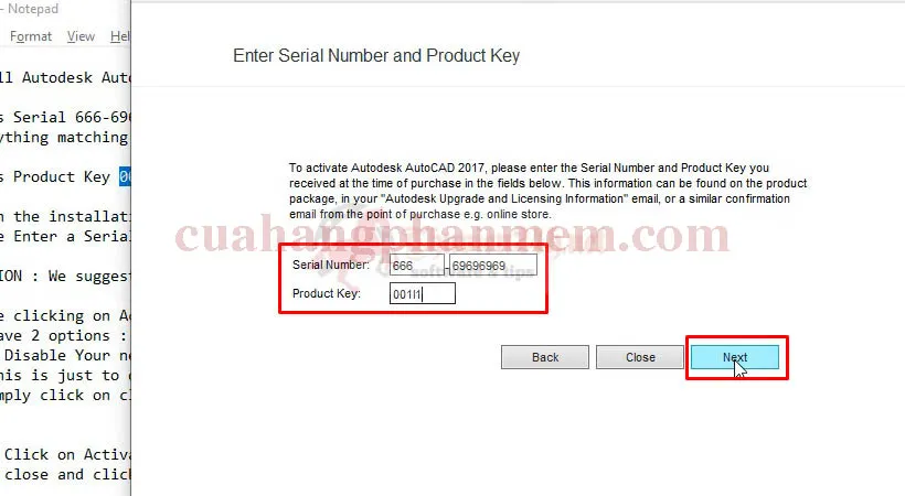 Nhập số serial number và product key theo hướng dẫn để cấp phép cho AutoCAD 2017, sau đó nhấn 'Next'