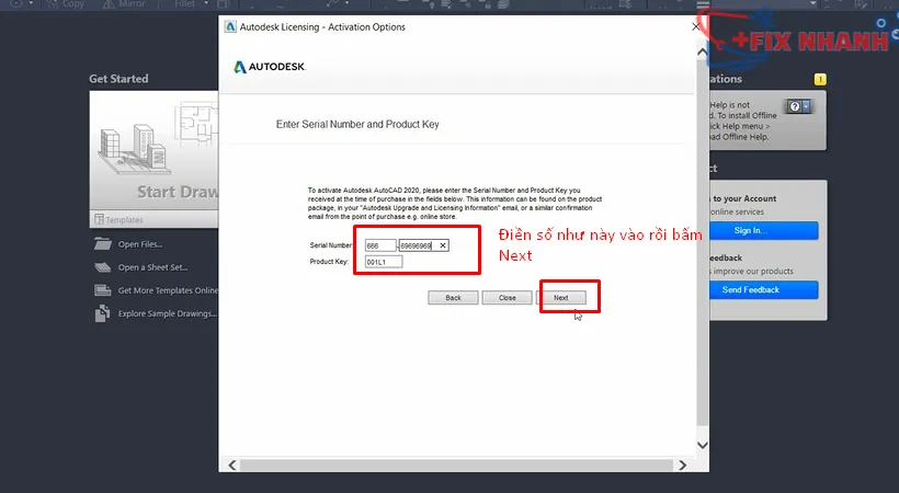 Nhập thông tin khóa sản phẩm để kích hoạt bản quyền AutoCAD 2020