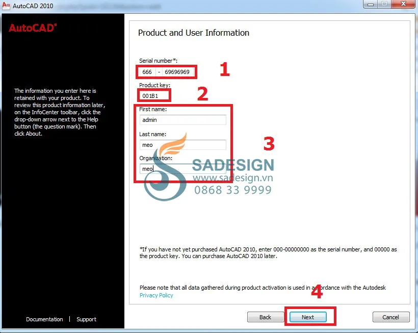 Nhập thông tin Serial Number và Product Key cần thiết để kích hoạt bản cài đặt AutoCAD 2010.